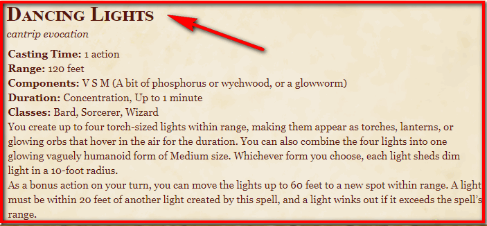 Dancing Lights 5E Spell In DnD - D&D 5e Character Sheets