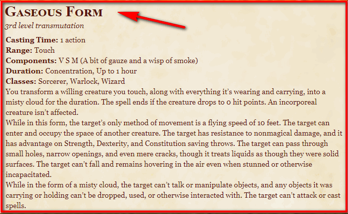 Gaseous Form 5E Spell In DnD D D 5e Character Sheets