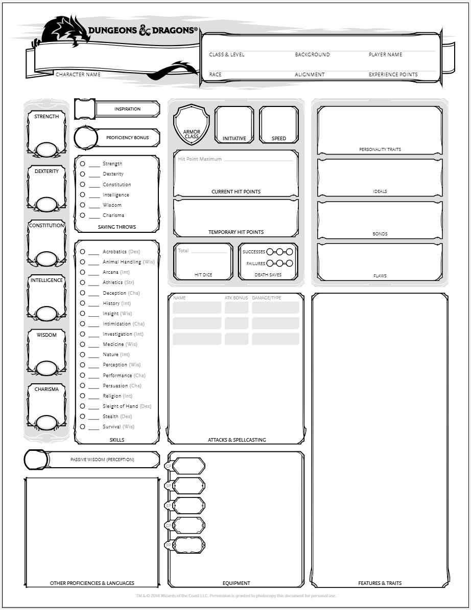The single page version of the Dungeons and Dragons character sheet