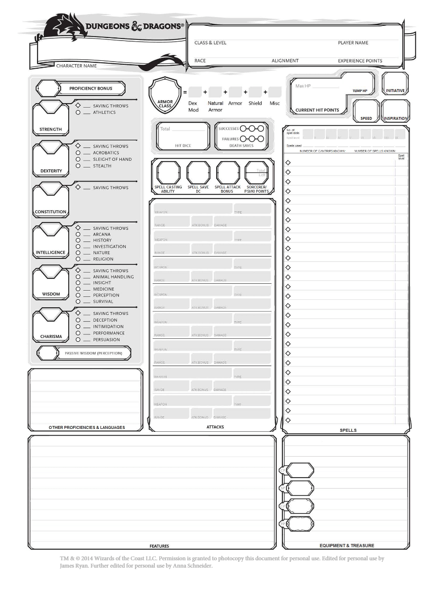 D&D 5E Character Sheet Editable, Printable, Fillable PDF - D&D 5e ...